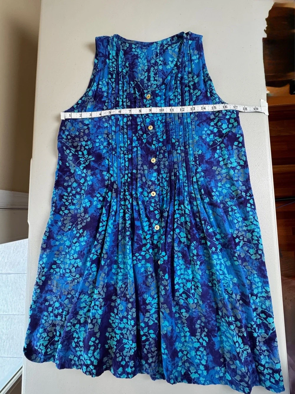 Blue Batik Rayon Sleeveless Pintuck Button Front A-Line Dress